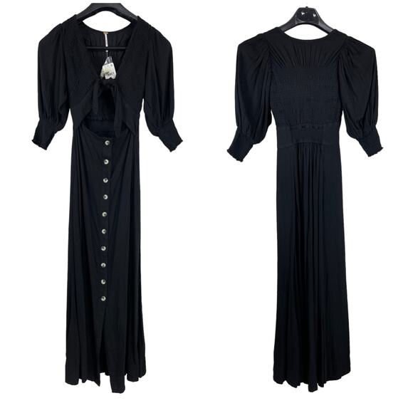 Free People NWOT String Of Hearts Maxi Dress Size S Black Tie Front Smocked - Picture 3 of 10